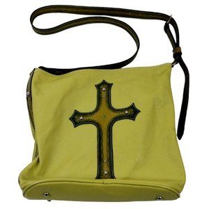 Leather Purse with Studded Religious Cross Crossbody Bag Chartreuse Yellow